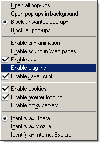 Opera 8 - Quick preferences menu